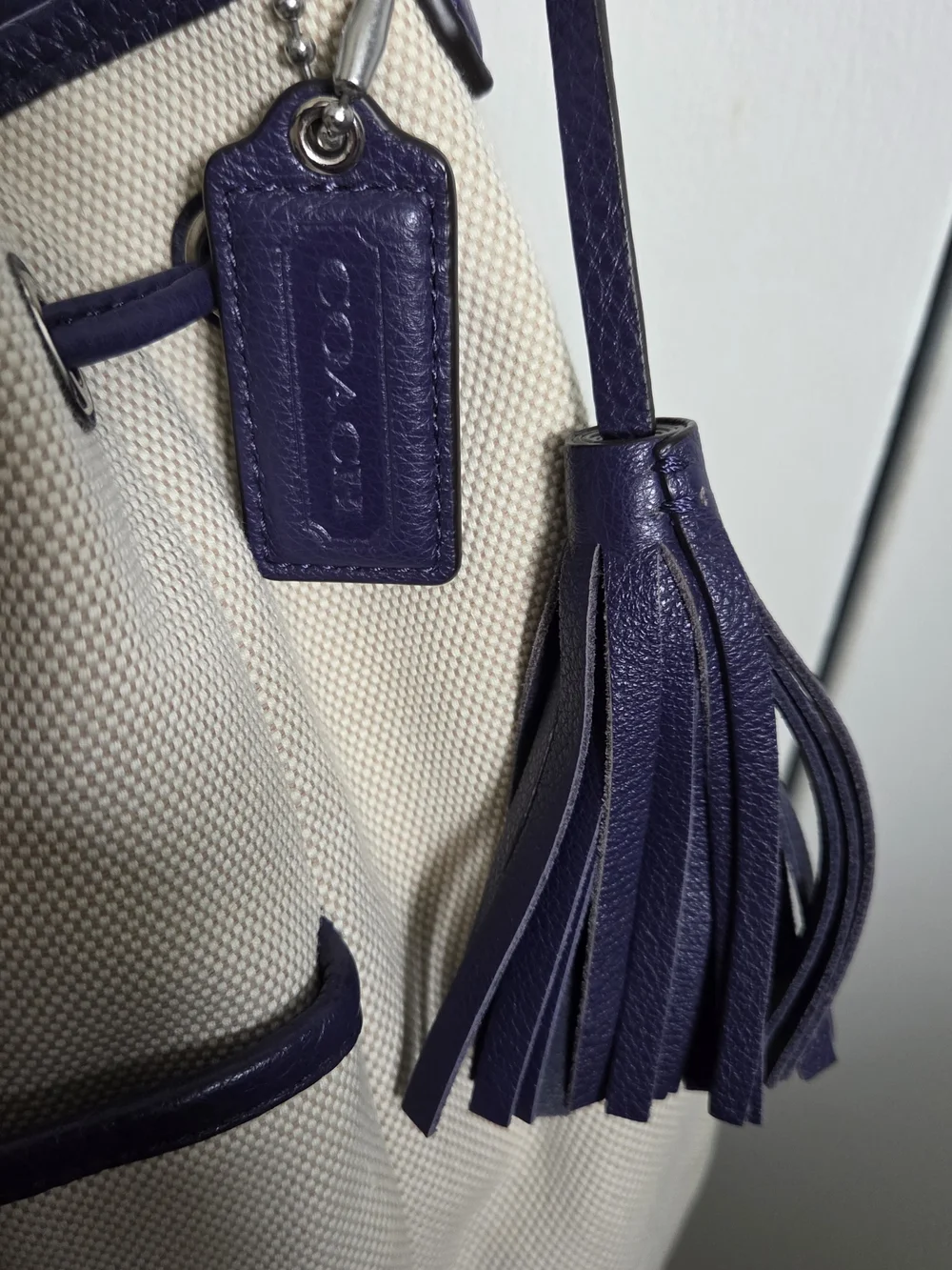 NEW Coach Beige Canvas and Navy Leather Drawstring Bucket Bag